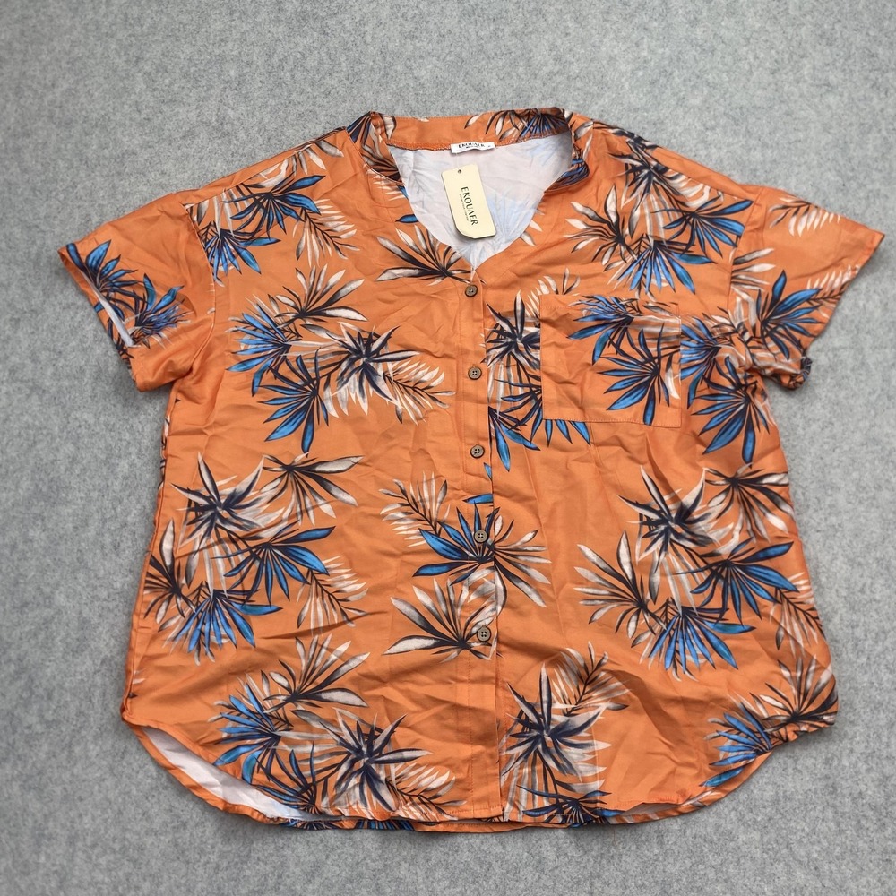 Ekouaer Blouse Womens XL Orange Tropical Floral V Neck Button Short Sleeve Top